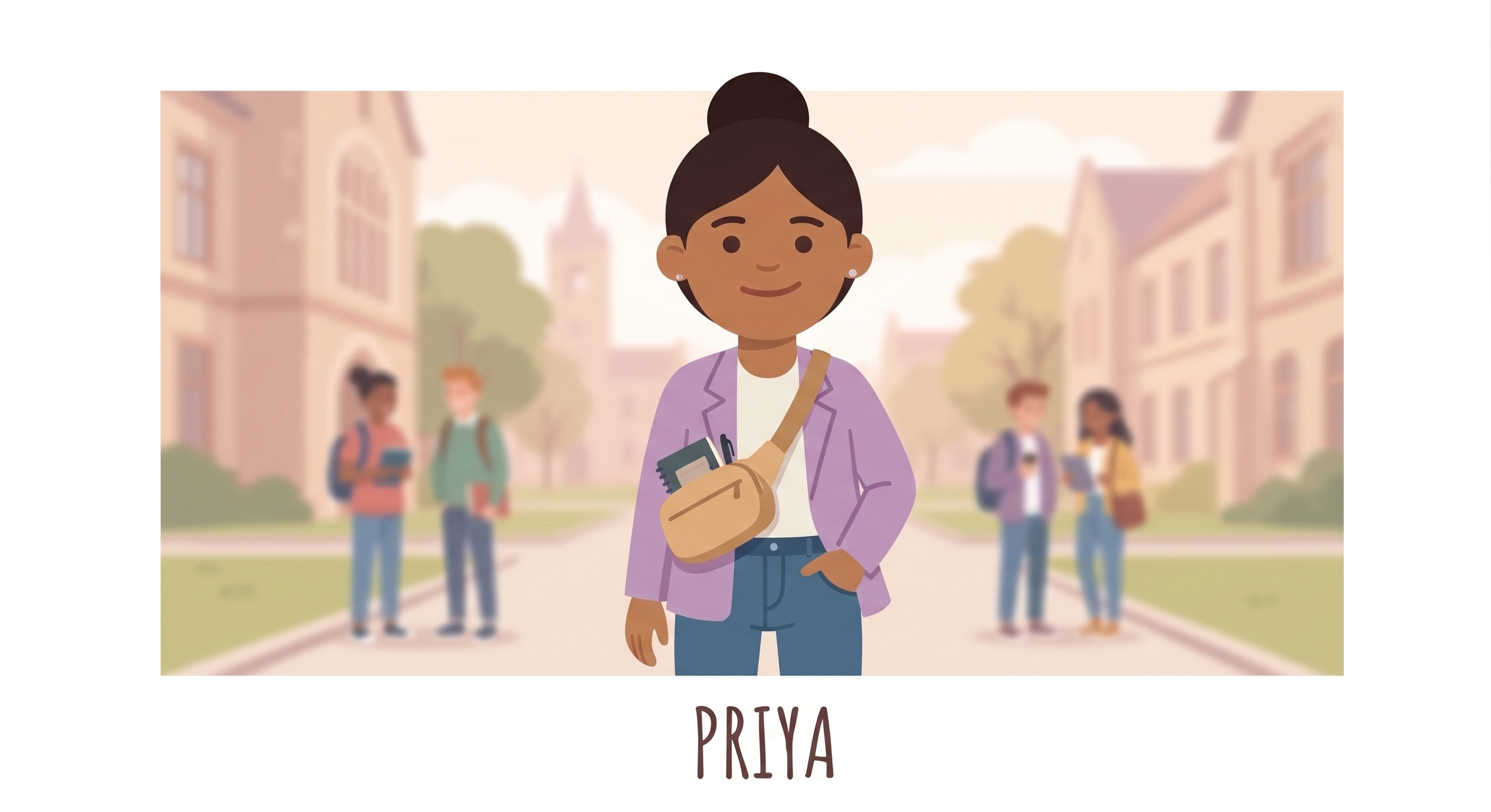 Priya calm with small crossbody bag at orientation